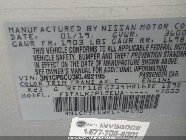 3N1CP5CU3KL492195 Nissan KICKS S