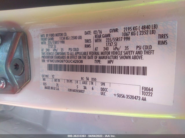 Ford ESCAPE SE 2016 1FMCU9G97GUC42938 Image 10