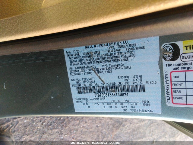 2006 FORD FUSION SEL VIN: 3FAFP08186R140024
