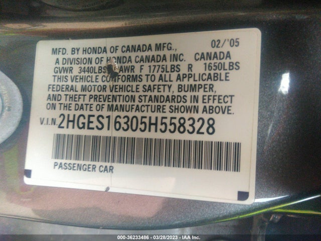2005 HONDA CIVIC SDN VP VIN: 2HGES16305H558328