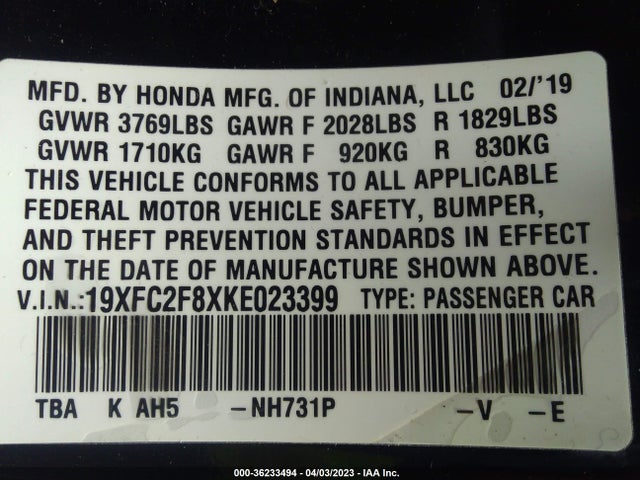 2019 HONDA CIVIC SEDAN SPORT VIN: 19XFC2F8XKE023399