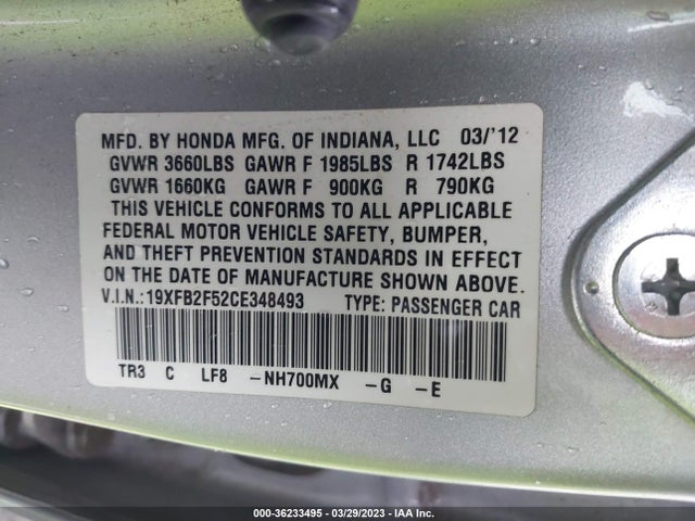 2012 HONDA CIVIC SDN LX VIN: 19XFB2F52CE348493