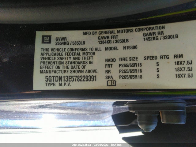 2007 HUMMER H3 SUV VIN: 5GTDN13E578229391