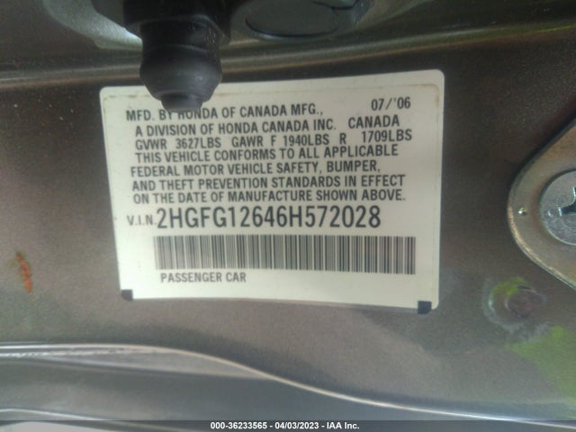 2006 HONDA CIVIC CPE LX VIN: 2HGFG12646H572028