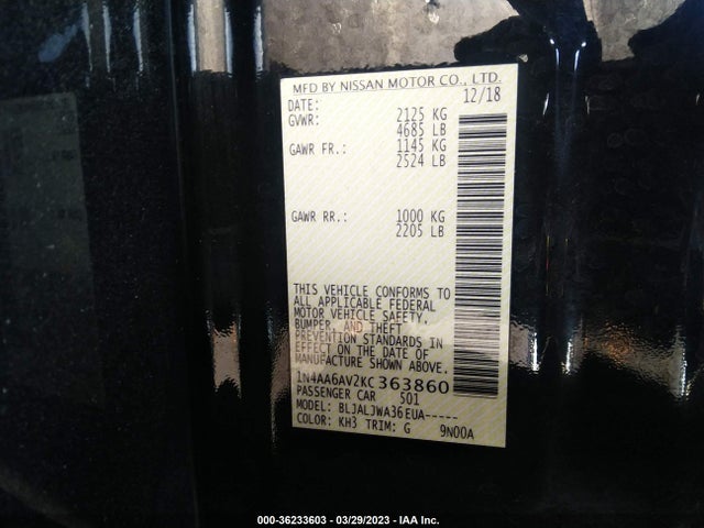 2019 Nissan Maxima, VIN: 1N4AA6AV2KC363860