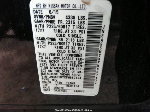 JN8AS5MTXFW667474 Nissan Rogue Select S