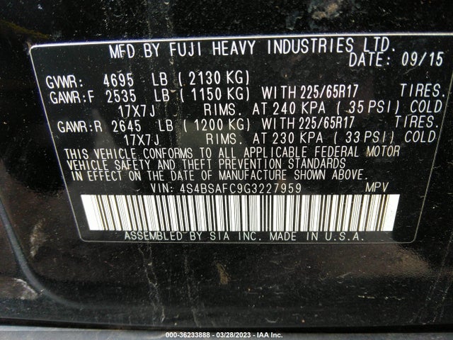 Subaru Outback 2.5i Premium 2016 4S4BSAFC9G3227959 Image 9