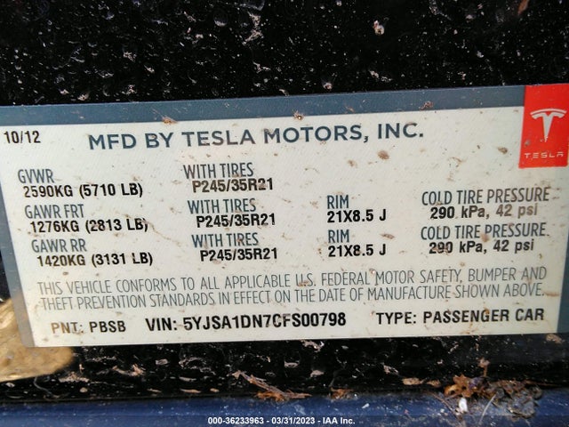2012 TESLA MODEL S VIN: 5YJSA1DN7CFS00798