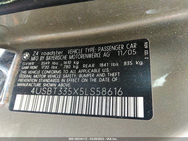 2005 BMW Z4 2.5I VIN: 4USBT335X5LS58616