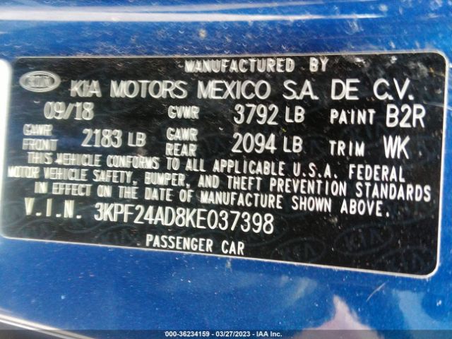 3KPF24AD8KE037398 KIA Forte Lxs