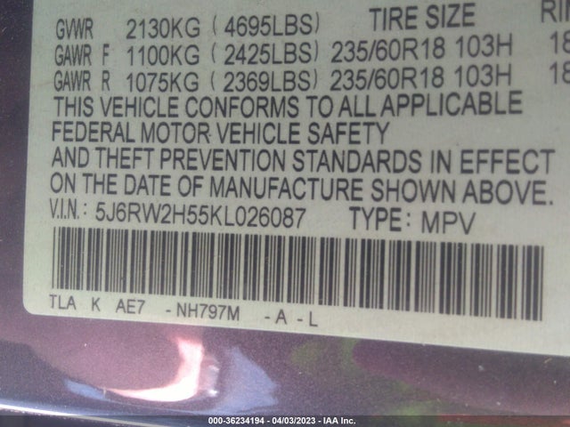 Honda CR-V EX 2019 5J6RW2H55KL026087 Image 9