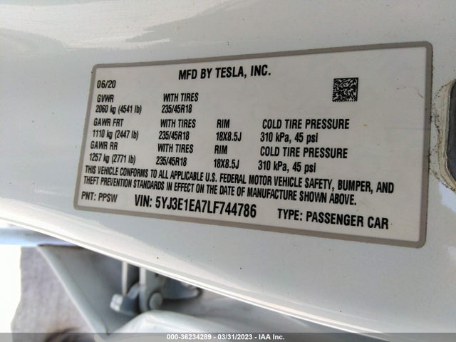 Tesla Model 3 Standard Range 2020 5YJ3E1EA7LF744786 Image 10