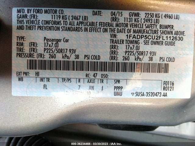 2015 FORD C-MAX ENERGI SEL VIN: 1FADP5CU2FL112630