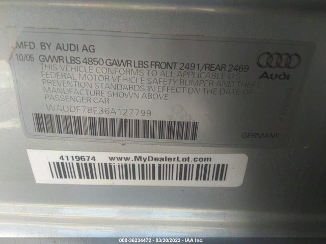 2006 AUDI A4 2.0T VIN: WAUDF78E36A127799