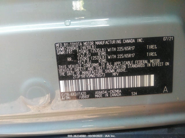 2021 Toyota RAV4, VIN: 2T3P1RFV5MW219573
