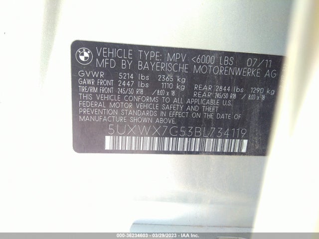 2011 BMW X3 35I VIN: 5UXWX7C53BL734119