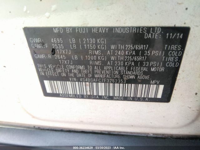 4S4BSAFC7F3262353 Subaru Outback 2.5i Premium