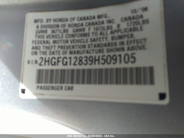 2009 HONDA CIVIC CPE EX VIN: 2HGFG12839H509105