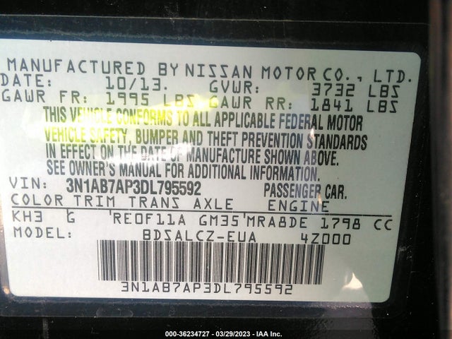 2013 NISSAN SENTRA S VIN: 3N1AB7AP3DL795592