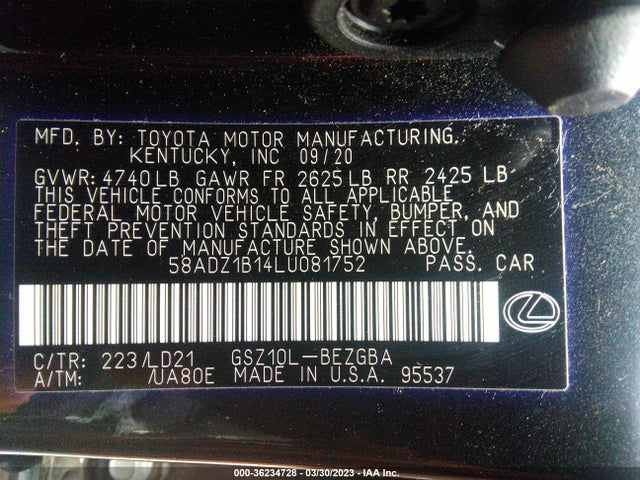 58ADZ1B14LU081752 Lexus Es Es 350