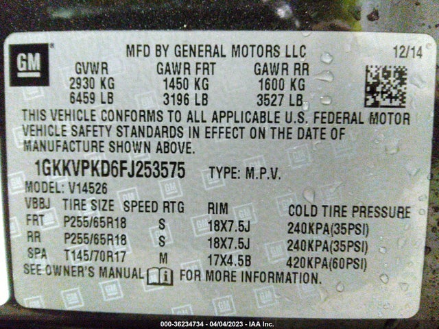 GMC ACADIA SLE 2015 1GKKVPKD6FJ253575 Image 9