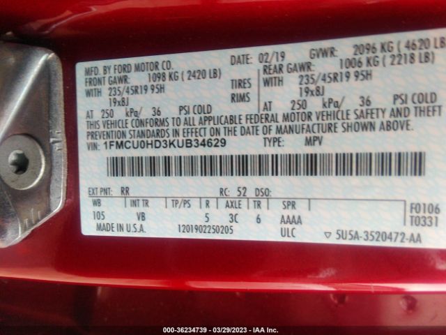 1FMCU0HD3KUB34629 Ford ESCAPE SEL