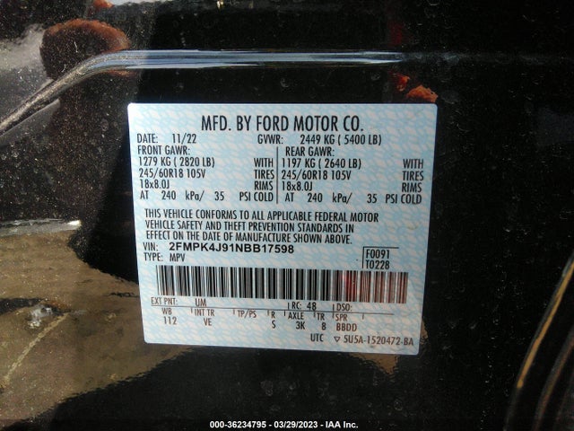 2022 FORD EDGE SEL/ST-LINE VIN: 2FMPK4J91NBB17598