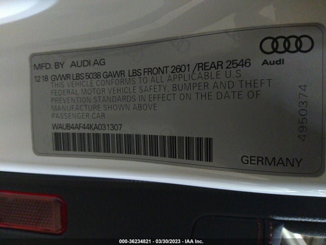 WAUB4AF44KA031307 Audi S4 Premium Plus