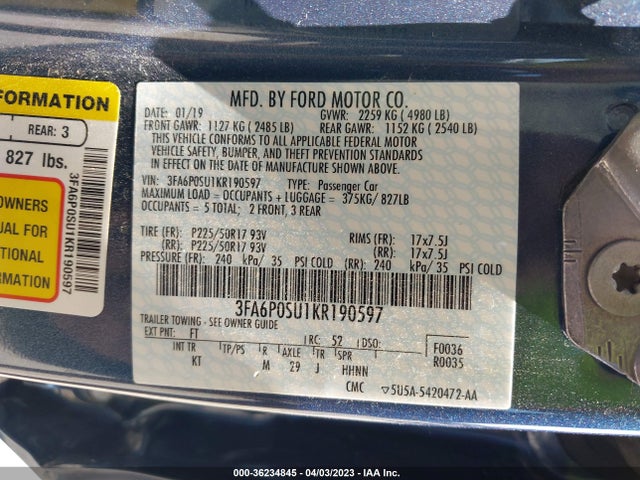 2019 Ford Fusion, VIN: 3FA6P0SU1KR190597