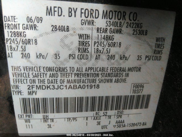2010 FORD EDGE SEL VIN: 2FMDK3JC1ABA01918