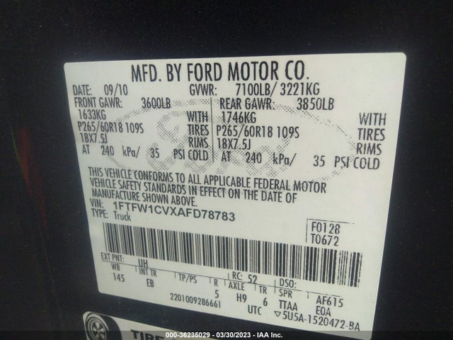 2010 FORD F-150 XL/XLT VIN: 1FTFW1CVXAFD78783
