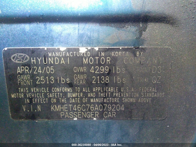 2006 HYUNDAI SONATA GL VIN: KMHET46C76A079204