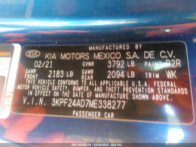 2021 KIA FORTE LXS VIN: 3KPF24AD7ME338277
