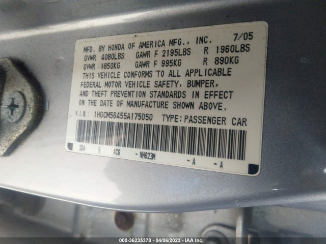2005 HONDA ACCORD SDN LX VIN: 1HGCM56455A175050