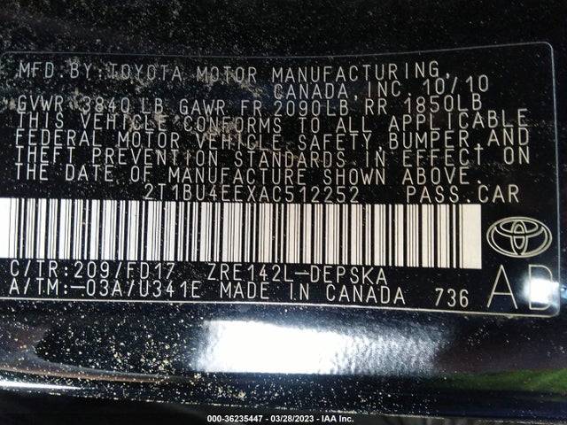 2010 TOYOTA COROLLA VIN: 2T1BU4EEXAC512252