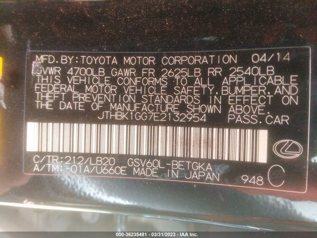 JTHBK1GG7E2132954 Lexus ES 350