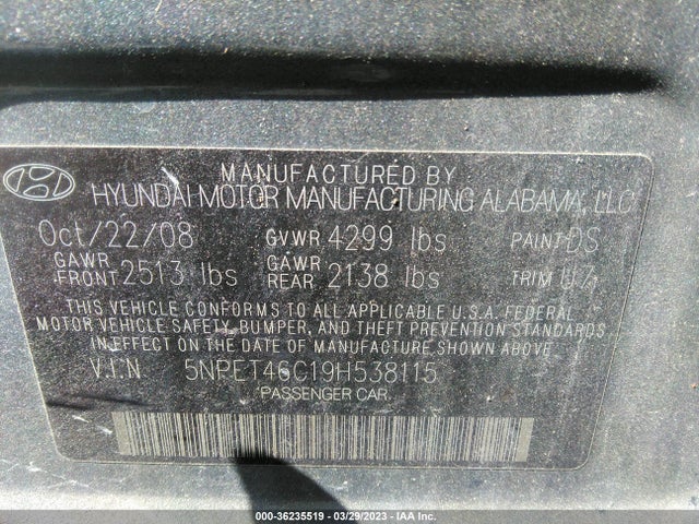 2009 HYUNDAI SONATA GLS VIN: 5NPET46C19H538115