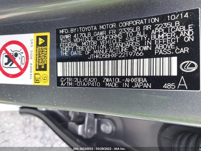 JTHKD5BHXF2219766 Lexus CT 200H