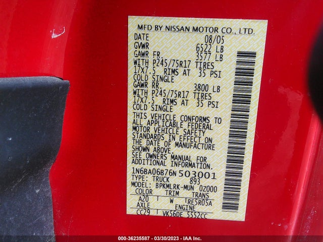 2006 NISSAN TITAN XE VIN: 1N6BA06B76N503001
