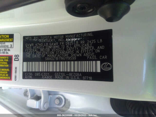 58ADZ1B11NU119599 Lexus Es Es 350
