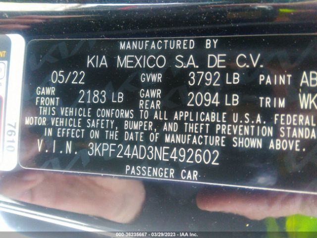 3KPF24AD3NE492602 KIA Forte Lxs