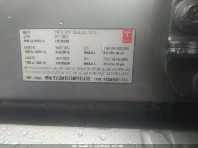 Tesla Model S 100d/90d/75d/60d/p100d 2017 5YJSA1E26HF210783 Image 9