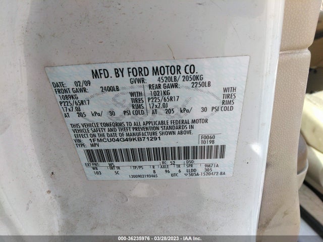 2009 FORD ESCAPE LIMITED VIN: 1FMCU04G49KB71291
