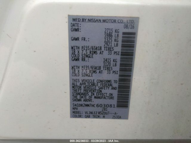 5N1DR2MM7HC603081 Nissan Pathfinder Sv