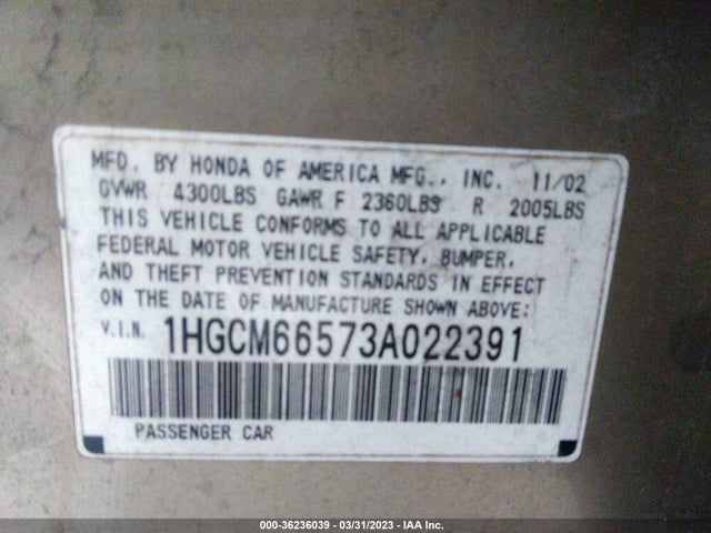2003 HONDA ACCORD SDN EX VIN: 1HGCM66573A022391