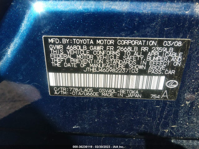 2008 LEXUS ES 350 VIN: JTHBJ46G982237103