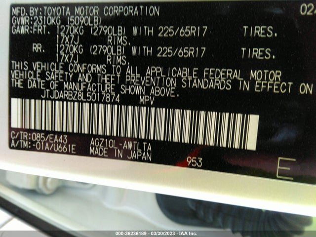 2020 LEXUS NX NX 300 VIN: JTJDARBZ8L5017874