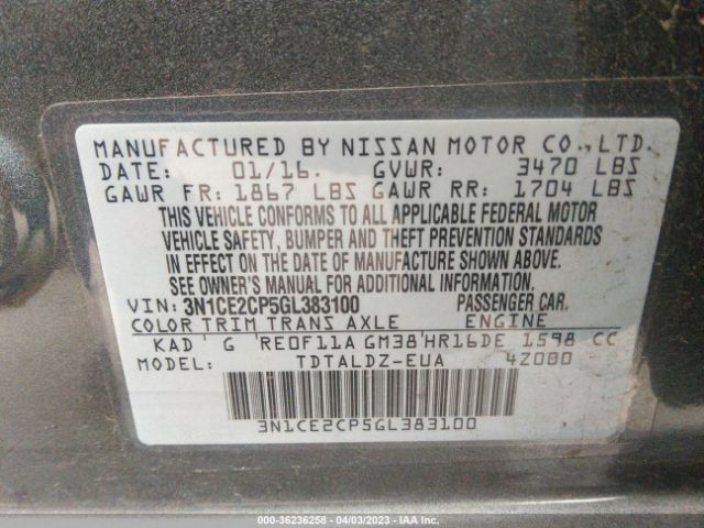 3N1CE2CP5GL383100 Nissan Versa Note Sv