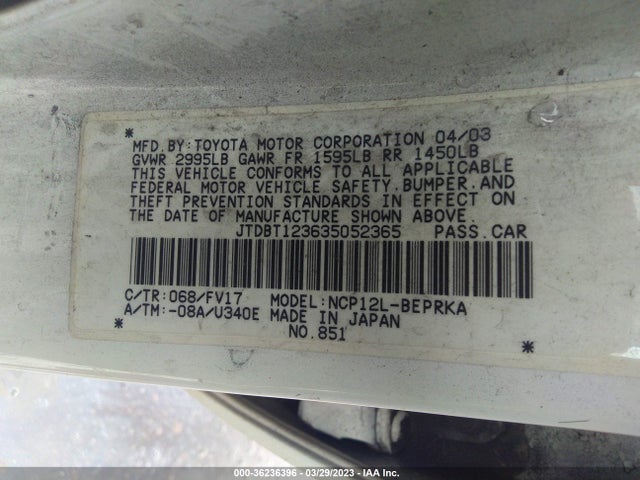 2003 TOYOTA ECHO VIN: JTDBT123635052365
