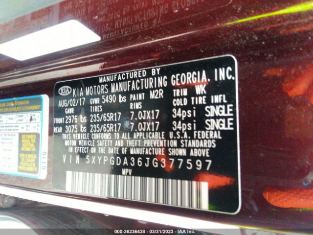 5XYPGDA36JG377597 KIA SORENTO LX